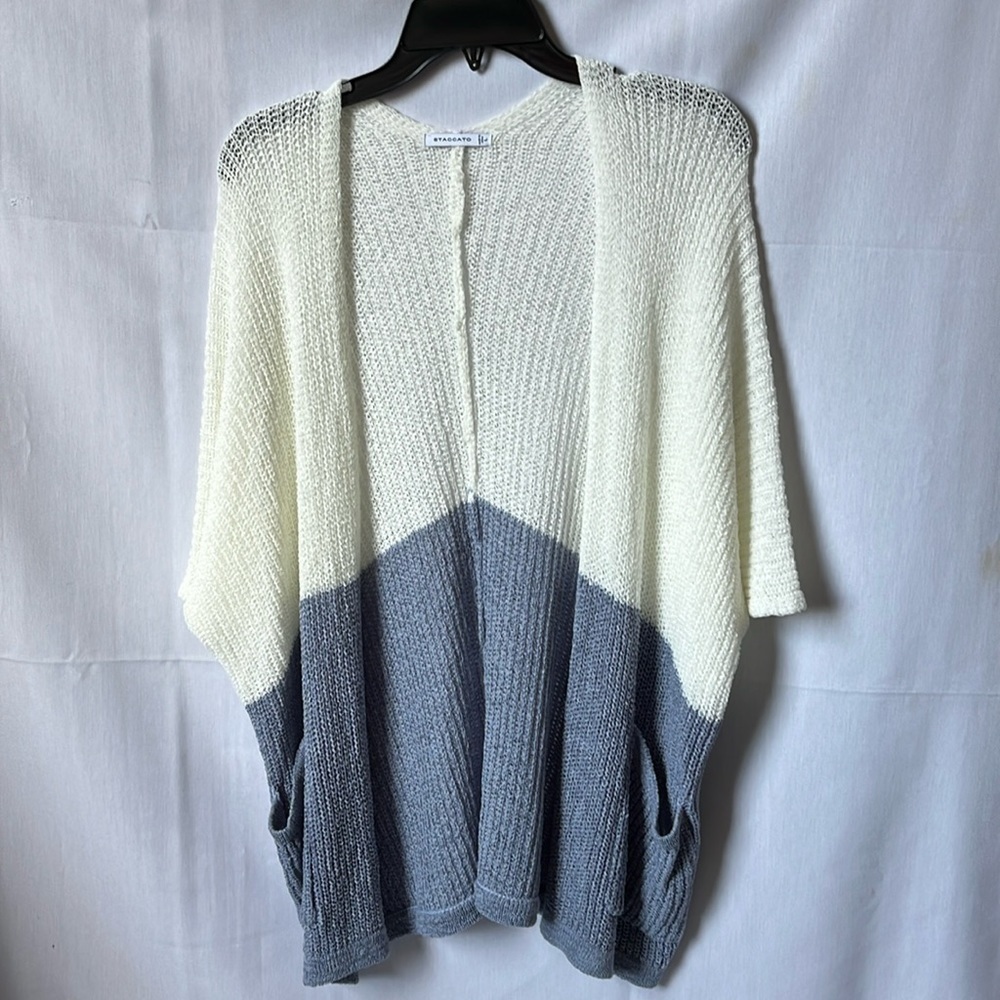 Staccato Color Block Cardigan Open Front Lightweight Blue White Sweater Large